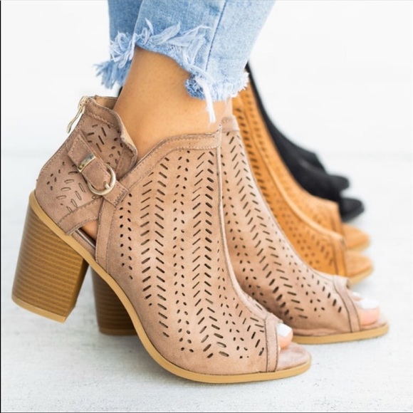 Taupe open toe buckle accent booties - Picture 7 of 7